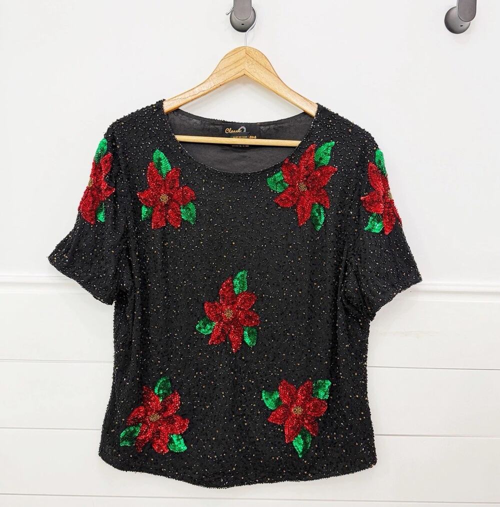 Women’s Vintage Classic Creations Black Sequin Poinsettia Christmas Blouse 1X